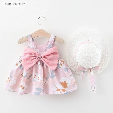 Pink floral bow summer frock with hat