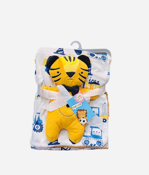 Car theme blanket with lion stuff toy