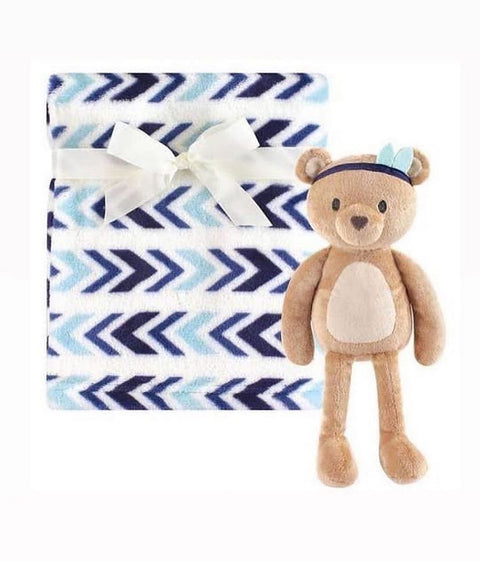 Blue white blanket with teddy bear