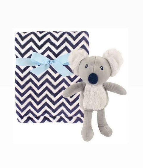 Blue white blanket with koala toy