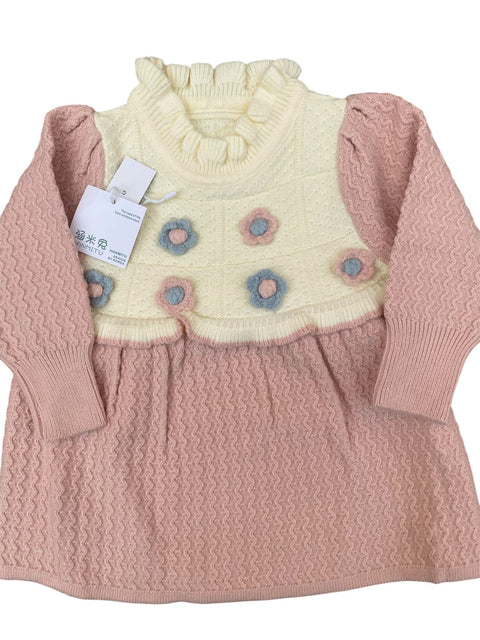 3D flower pink wool frock
