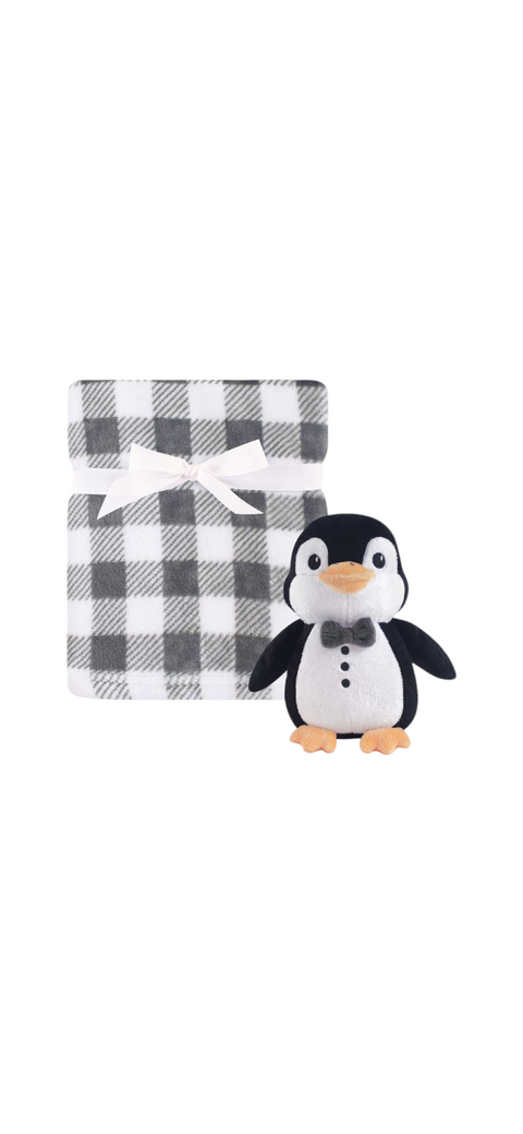 Black white blanket with penguin stuff toy
