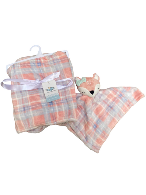 Pink chequered blanket with napkin attached toy
