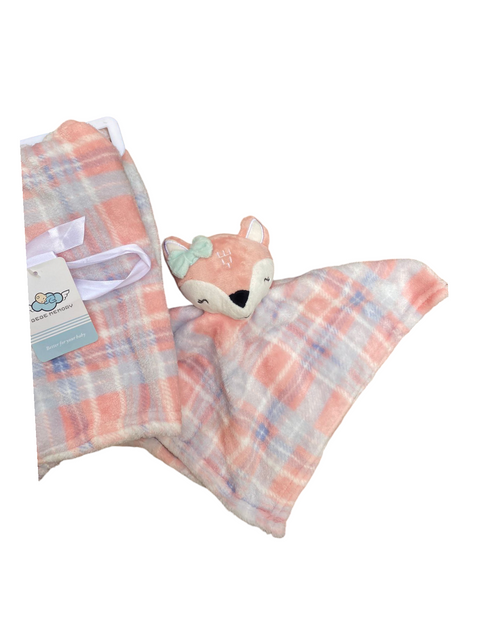 Pink chequered blanket with napkin attached toy