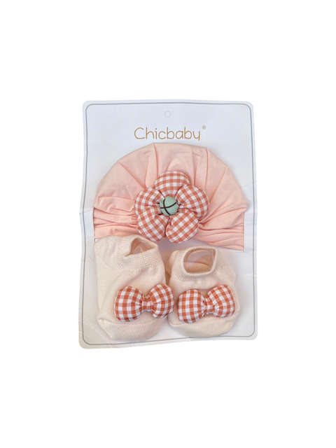 Pink chequered turban cap set