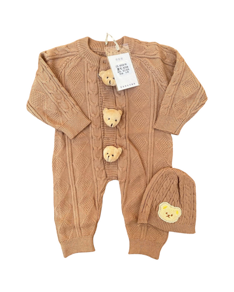 3D bear woolen romper with cap
