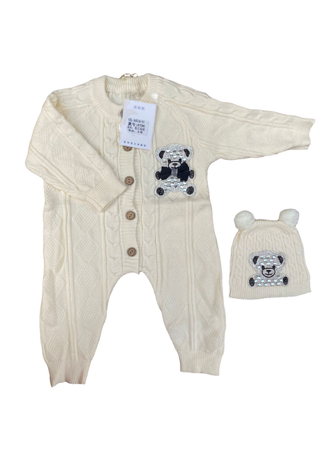 Knitted wool romper with cap