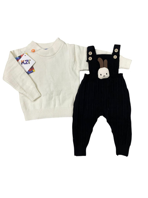 Black wool dungaree with white shirt