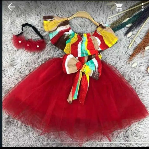 Floral red frock with hair band