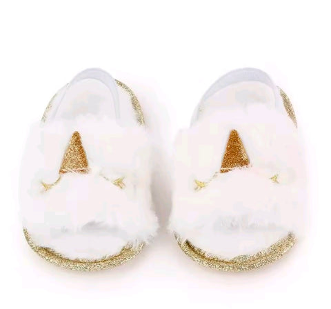 White and gold fur unicorn sandles