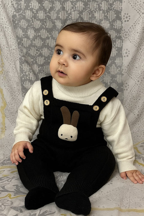 Black wool dungaree with white shirt