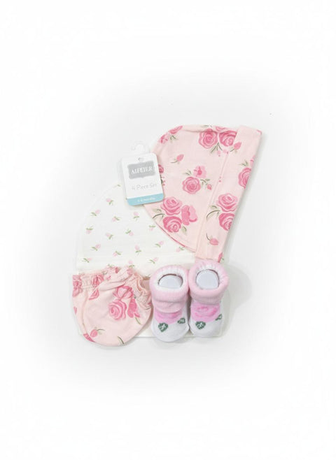 Floral caps mittens and booties set