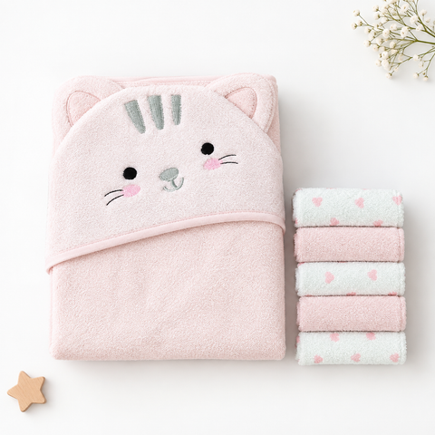 Pink kitty towel set