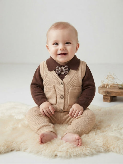 Little gentleman beige brown knit set