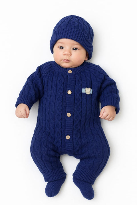 Blue woolen romper with cap