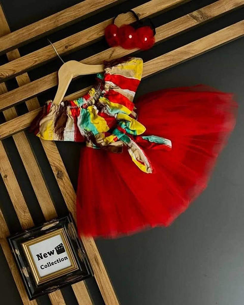 Floral red frock with hair band