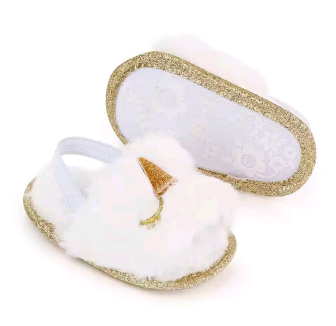 White and gold fur unicorn sandles