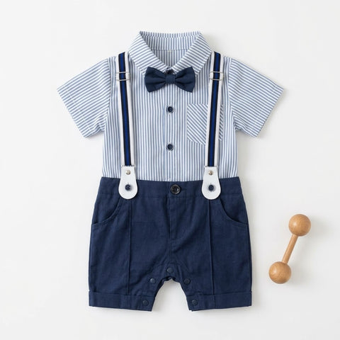 Little Gentleman Stripe & Suspenders Baby Romper