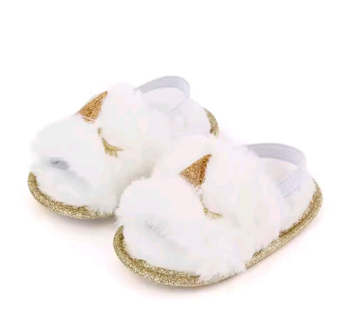 White and gold fur unicorn sandles