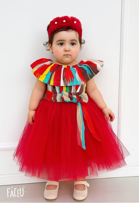 Floral red frock with hair band